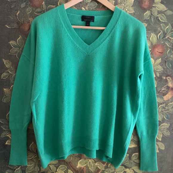 J Crew 100% Italian Cashmere V-Neck Long Sleeve Teal Green Sweater Oversized - Picture 1 of 7